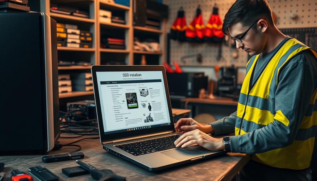 A well-lit workshop scene with a desktop computer, laptop, and various tools and equipment arranged neatly. In the foreground, an open laptop displays an SSD installation guide, while a technician in a safety vest carefully examines the drive. Soft shadows and warm lighting create a focused, professional atmosphere. The background features shelves stocked with computer components, a workbench, and a pegboard displaying safety gear. The overall composition emphasizes the importance of proper SSD troubleshooting and installation procedures in a safe, organized environment.