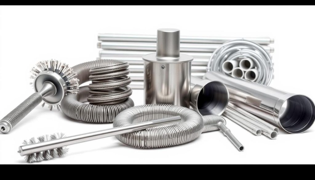 A well-organized assortment of professional-grade dryer vent cleaning tools lies against a clean, white background. In the foreground, a sturdy metal vent brush with a long flexible handle stands upright, its bristles glistening. Beside it, a coiled vent snake with a corkscrew-like tip reflects the soft studio lighting. In the middle ground, a compact vent vacuum with a narrow nozzle attachment commands attention, its sleek metallic body gleaming. In the background, a bundle of round vent rods of varying lengths suggests the comprehensive nature of this cleaning kit, ready to tackle any vent configuration. The overall scene conveys a sense of capable, systematic vent maintenance.