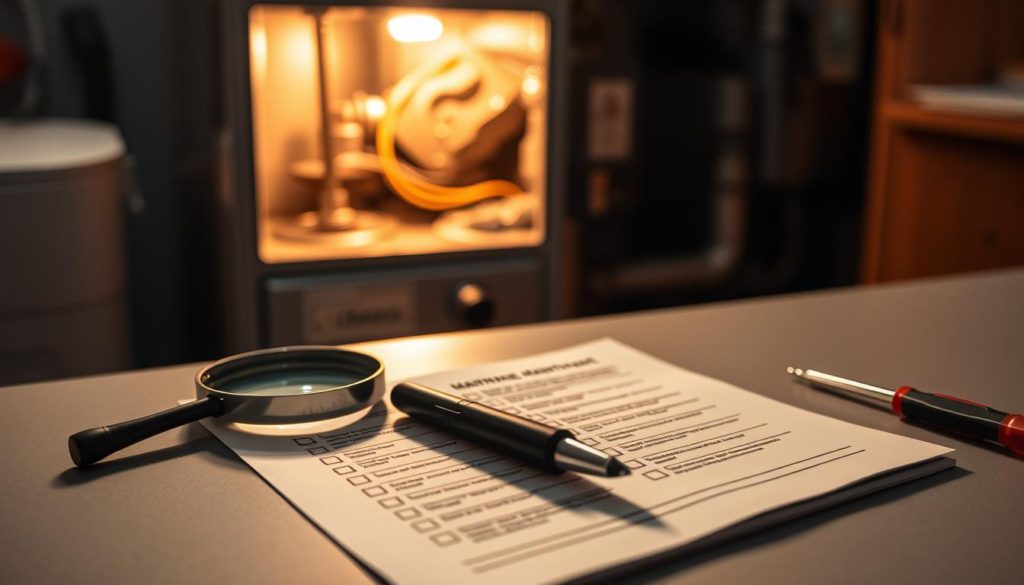 A well-organized furnace maintenance checklist neatly laid out on a clean, dimly lit workbench. In the foreground, a magnifying glass, wrench, and screwdriver sit next to the checklist, hinting at the technical nature of the task. The mid-ground features the furnace itself, its components clearly visible, bathed in warm, golden light. The background is softly blurred, creating a sense of focus and depth. The overall mood is one of thoughtful contemplation, as the viewer is guided through the steps required to properly maintain this vital household system.