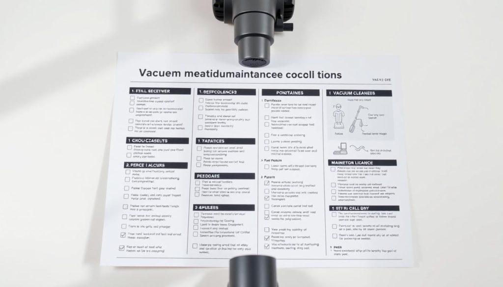 A well-organized vacuum cleaner maintenance checklist, presented against a clean, bright background. The checklist items are clearly visible, with a mix of technical diagrams, checklists, and icons. The lighting is natural and diffused, creating a professional, educational atmosphere. The camera angle is slightly elevated, providing a comprehensive view of the scene. The overall mood is informative and instructive, inviting the viewer to engage with the content.