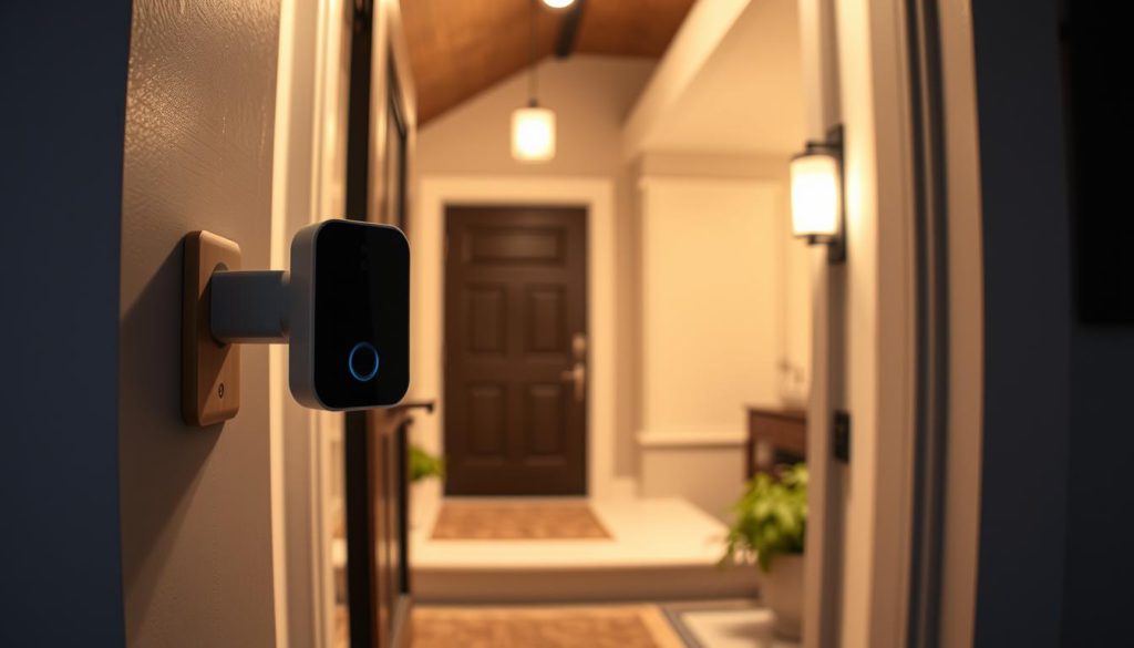 A well-positioned smart doorbell camera capturing a modern, stylish home entrance. The camera is mounted at eye level, flush against the door frame, with a clear view of the porch and walkway. Soft, warm lighting illuminates the entryway, creating a welcoming atmosphere. The camera's lens is angled slightly downward to optimize the capture area. The doorbell itself is a sleek, minimalist design that complements the home's architectural features. The overall scene conveys a sense of security and accessibility, inviting visitors to approach with confidence.