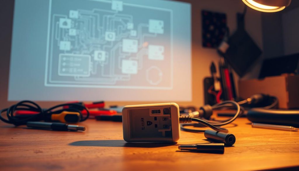 A workbench illuminated by warm, directional lighting, showcasing a smart plug device, cords, and various troubleshooting tools. The plug is the focal point, with its internal components and wiring visible, inviting closer inspection. In the background, a schematic diagram of the smart plug's circuitry is projected on the wall, providing a technical reference. The scene conveys a sense of problem-solving, with the tools and information available to diagnose and resolve any issues with the smart plug's setup or functionality.