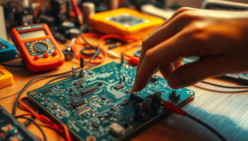 A workspace filled with a circuit board, various electronic components, and a multimeter on the table. Warm, focused lighting illuminates the scene, highlighting the intricate connections and traces. In the foreground, a hand delicately probes the circuit board, searching for faults or anomalies. The background is blurred, emphasizing the intensity of the task at hand. The atmosphere conveys a sense of concentration and problem-solving, reflecting the skills required for effective DIY troubleshooting in electronics.