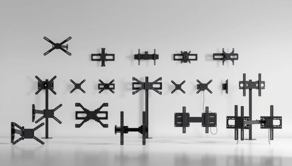 An assortment of modern TV wall mount types arranged in a clean, well-lit studio setting. In the foreground, various mounts are displayed prominently, showcasing their unique designs and mounting mechanisms. The middle ground features a range of tilt, swivel, and full-motion mounts, highlighting their adjustability and versatility. In the background, a neutral gray or white backdrop provides a minimalist, professional atmosphere. The lighting is soft and evenly distributed, accentuating the sleek, high-quality appearance of the wall mounts. The camera angle is slightly elevated, offering a clear, comprehensive view of the different mount types and their key features.