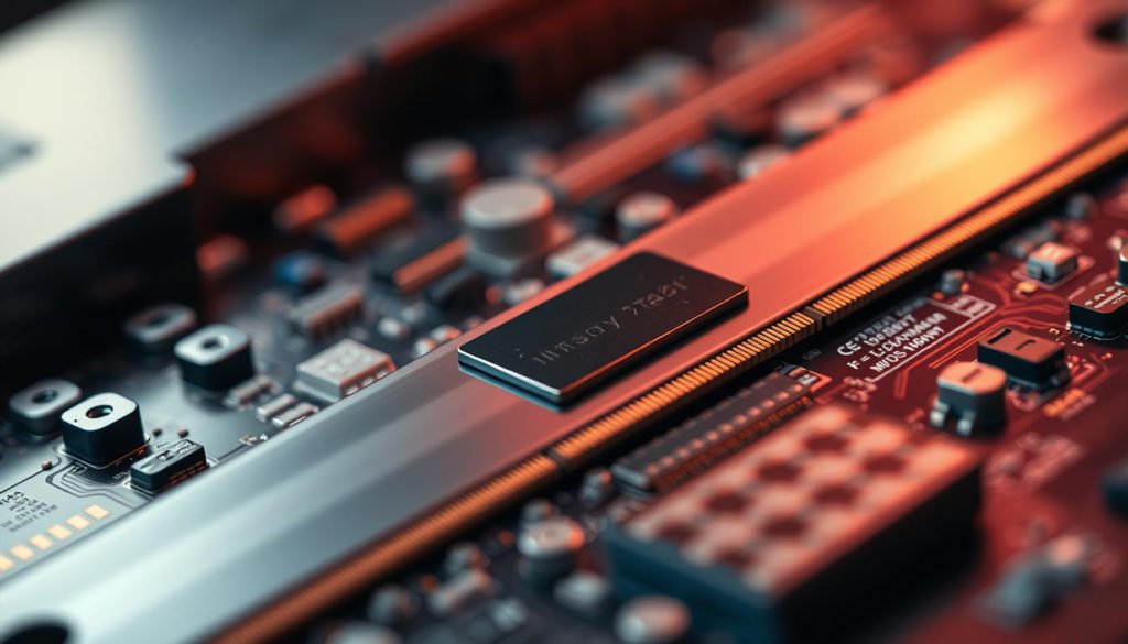An ultra-high-resolution close-up photograph of a computer memory module, or RAM stick, with a sleek metallic surface and intricate circuit board details, all bathed in warm, soft lighting that highlights the technical complexity and precision engineering of the component. The RAM module is positioned prominently in the center of the frame, with a crisp, shallow depth of field that keeps the focus sharp on the memory chip while subtly blurring the background. The overall mood is one of studied, almost reverent attention to the mechanical beauty and functional importance of this essential laptop hardware upgrade.
