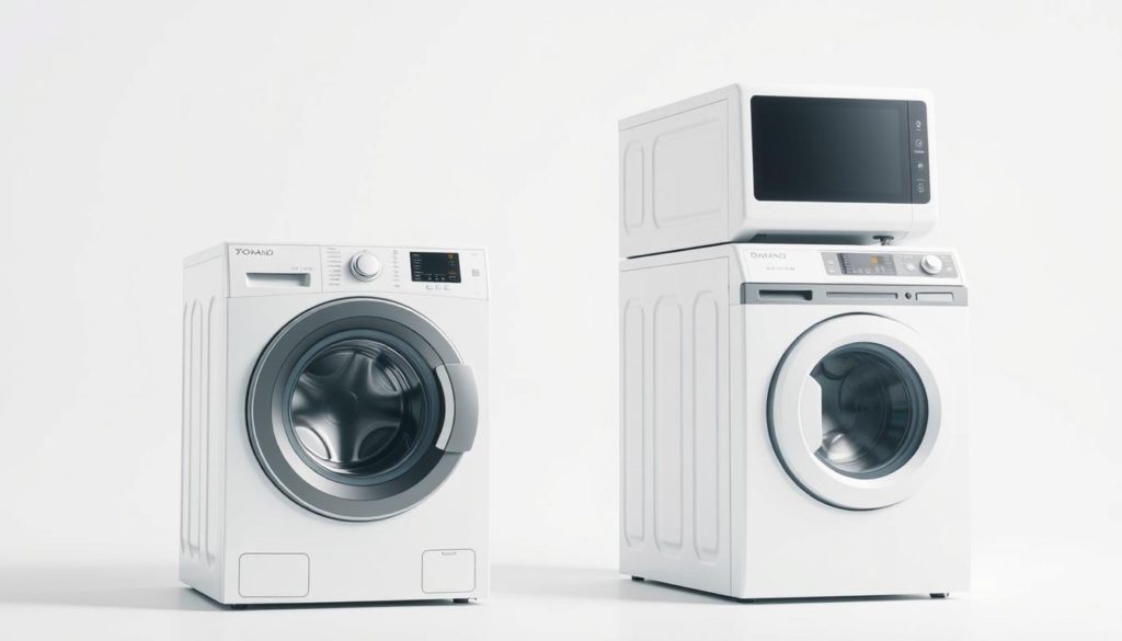 Cleaning performance comparison: Two modern washing machines, one front-load and one top-load, sit side-by-side under bright, evenly-distributed studio lighting. The machines are positioned at an angle, allowing a clear view of their respective control panels and doors. The background is a clean, minimalist white, creating a sense of focus on the machines. The overall atmosphere is one of objective, technical evaluation, inviting the viewer to analyze and compare the design and features of the two washers.