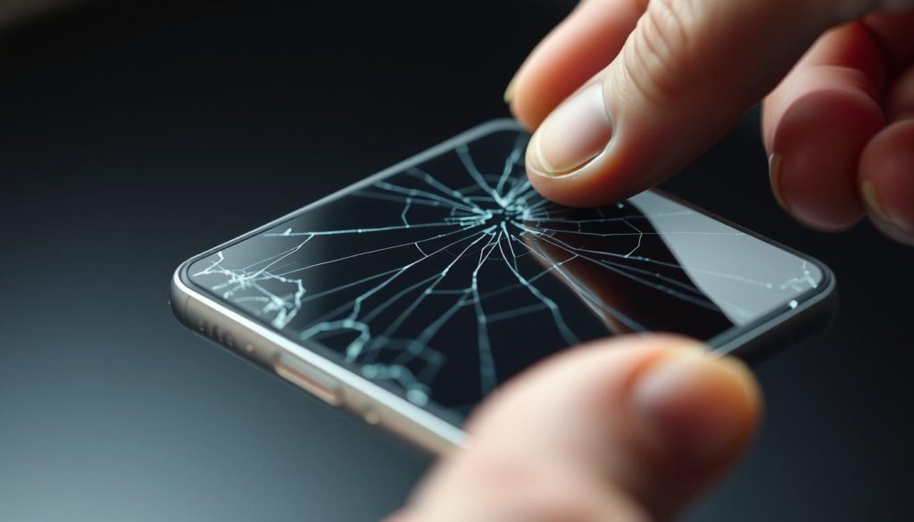 Closeup view of a person's hand carefully examining a cracked smartphone screen under a bright, diffused light. The screen's surface shows intricate spiderweb-like fractures against a dark backdrop, with the phone's metallic frame and edges creating a sleek, high-tech contrast. The scene conveys a sense of careful, meticulous inspection, with a focus on the technical details of the damage and the steps required to assess it prior to potential DIY repair.