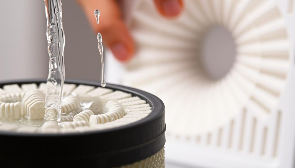 Detailed close-up shot of a vacuum cleaner filter undergoing maintenance. In the foreground, a foam vacuum filter is being rinsed under running water, the water gently cascading over the porous surface. In the middle ground, a paper vacuum filter is being carefully inspected, its pleated structure illuminated by soft indirect lighting. The background is slightly blurred, emphasizing the focus on the filter cleaning process. The scene conveys a sense of diligence and care, with a crisp, clean aesthetic suitable for an informative article on vacuum filter maintenance.
