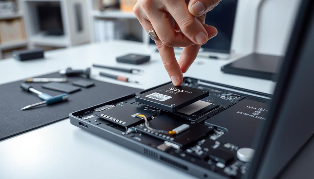 High-quality, detailed image of a step-by-step guide for installing an SSD in a laptop. The foreground shows a laptop with the case opened, revealing the interior components. A hand is carefully inserting a new SSD into the designated slot. The middle ground depicts various tools and accessories needed for the installation, such as a screwdriver, ESD-safe mat, and cable connectors. The background is a clean, well-lit workspace with subtle hints of a technical environment, like shelves or a computer desk. The lighting is soft and natural, highlighting the intricate details of the installation process. The overall atmosphere conveys a sense of precision, focus, and technical expertise required for this task.