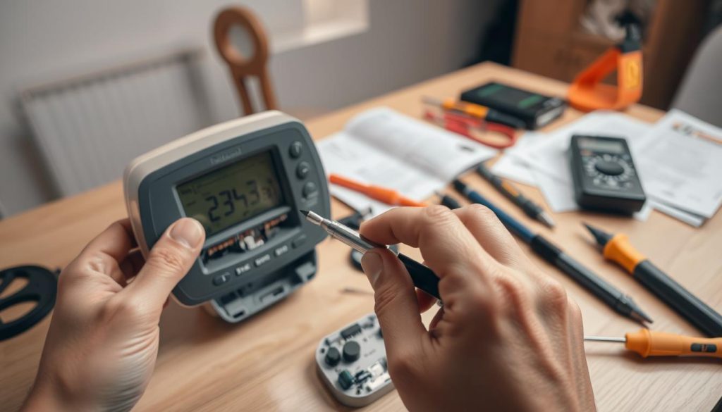 Thermostat troubleshooting steps: A well-lit workbench with an opened thermostat, various tools like screwdrivers, multimeter, and manuals. In the foreground, a hand holding a screwdriver, examining the thermostat's internal components. The middle ground shows the disassembled thermostat, its parts laid out in an organized manner. The background depicts a warm, cozy home interior, hinting at the importance of a properly functioning heating system. The lighting is soft and natural, creating a calm, focused atmosphere for the troubleshooting process.
