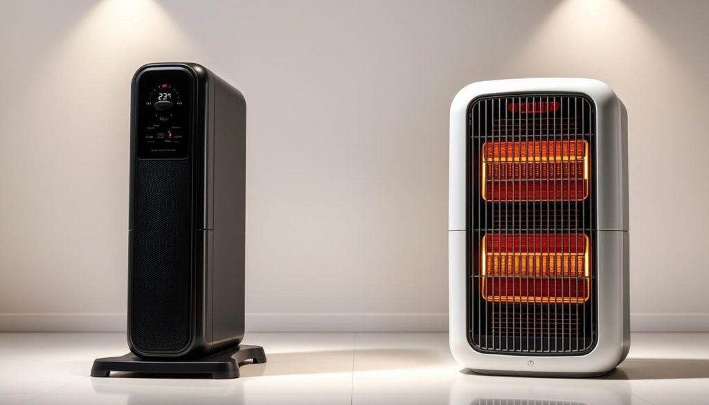 Two energy-efficient heaters stand side-by-side in a modern minimalist room. On the left, a sleek black electric heater with a digital display and adjustable temperature controls. On the right, a ceramic heater with a matte white finish, its radiant coils glowing warmly. Indirect lighting from concealed fixtures accentuates the clean lines and contrasting materials, creating a soft, inviting atmosphere. The scene is captured from a slightly elevated angle, allowing the viewer to appreciate the design details and understand the key differences between these two popular heating solutions.