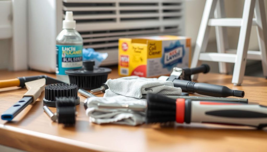 a detailed still life image of a variety of tools and supplies arranged on a wooden table, prepared for cleaning a window air conditioning unit. In the foreground, there are cleaning brushes, a sponge, and a microfiber cloth. In the middle ground, there is a bottle of coil cleaner, a small vacuum attachment, and a screwdriver. In the background, a box of disposable gloves and a small step ladder are visible. The lighting is soft and natural, creating shadows and highlights that emphasize the textures of the objects. The overall tone is one of organization and readiness, reflecting the "Preparation and Safety Tips" theme.