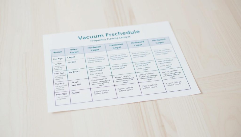 a professional-looking schedule, neatly organized and displayed on a light-colored wooden surface, with a minimalist, modern design. The schedule shows the recommended frequency for vacuuming different floor types, such as hardwood, tile, and carpets, with clear and concise information. The overall atmosphere is clean, organized, and informative, conveying a sense of practicality and attention to detail. The lighting is soft and natural, with a slight vignette effect to draw the viewer's attention to the central focus. The camera angle is slightly elevated, providing a clear view of the schedule and its surrounding environment.