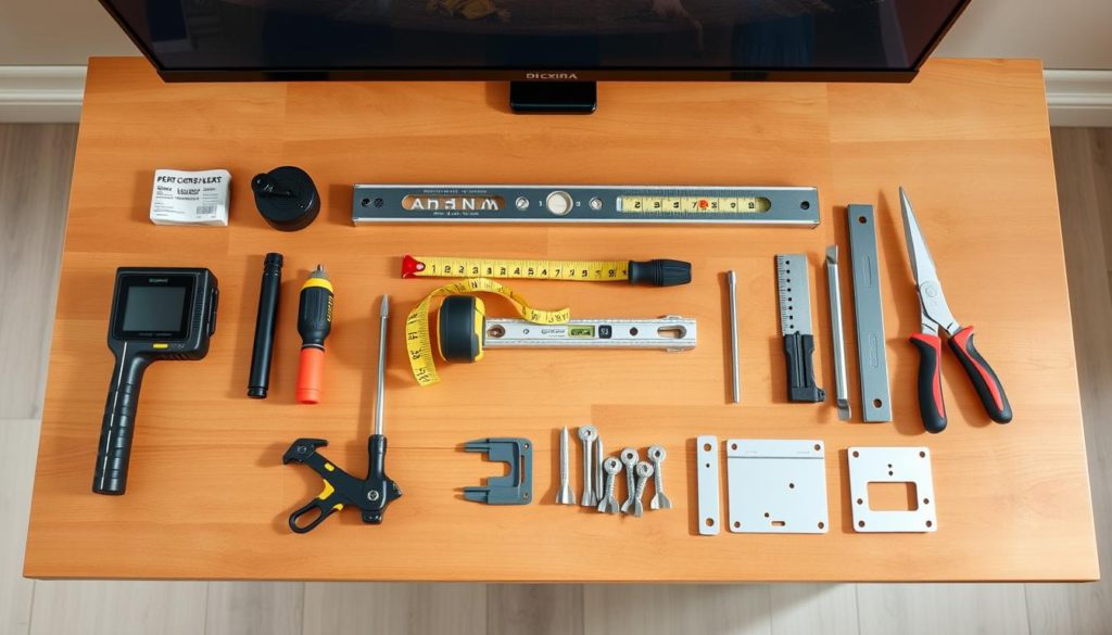 high-resolution photograph of essential TV mounting tools laid out on a wooden table, evenly lit from above with soft natural lighting, viewed from slightly above at a shallow angle, including a stud finder, level, tape measure, spirit level, screwdriver set, drywall anchors, and wall-mounting brackets, with a clean, minimalist background that emphasizes the tools